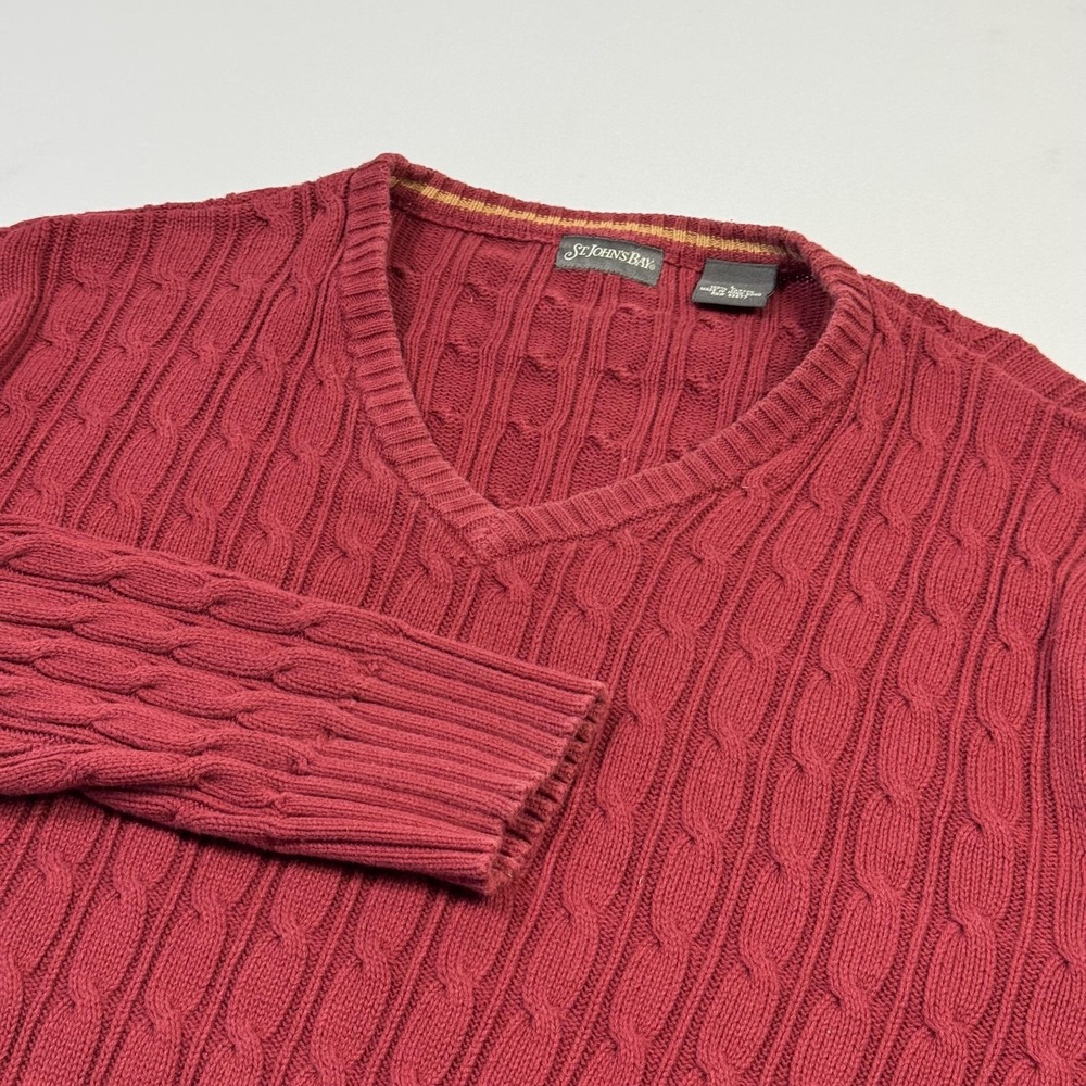 St Johns Bay Sweater Mens Large Red Cable Knit V Neck Pullover Casual Cotton